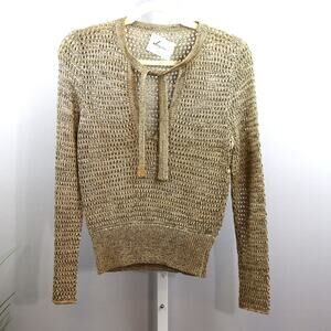 Vintage Jayna New York Metallic Knit Top Tie‎ Neck Gold Sheer Sz XS